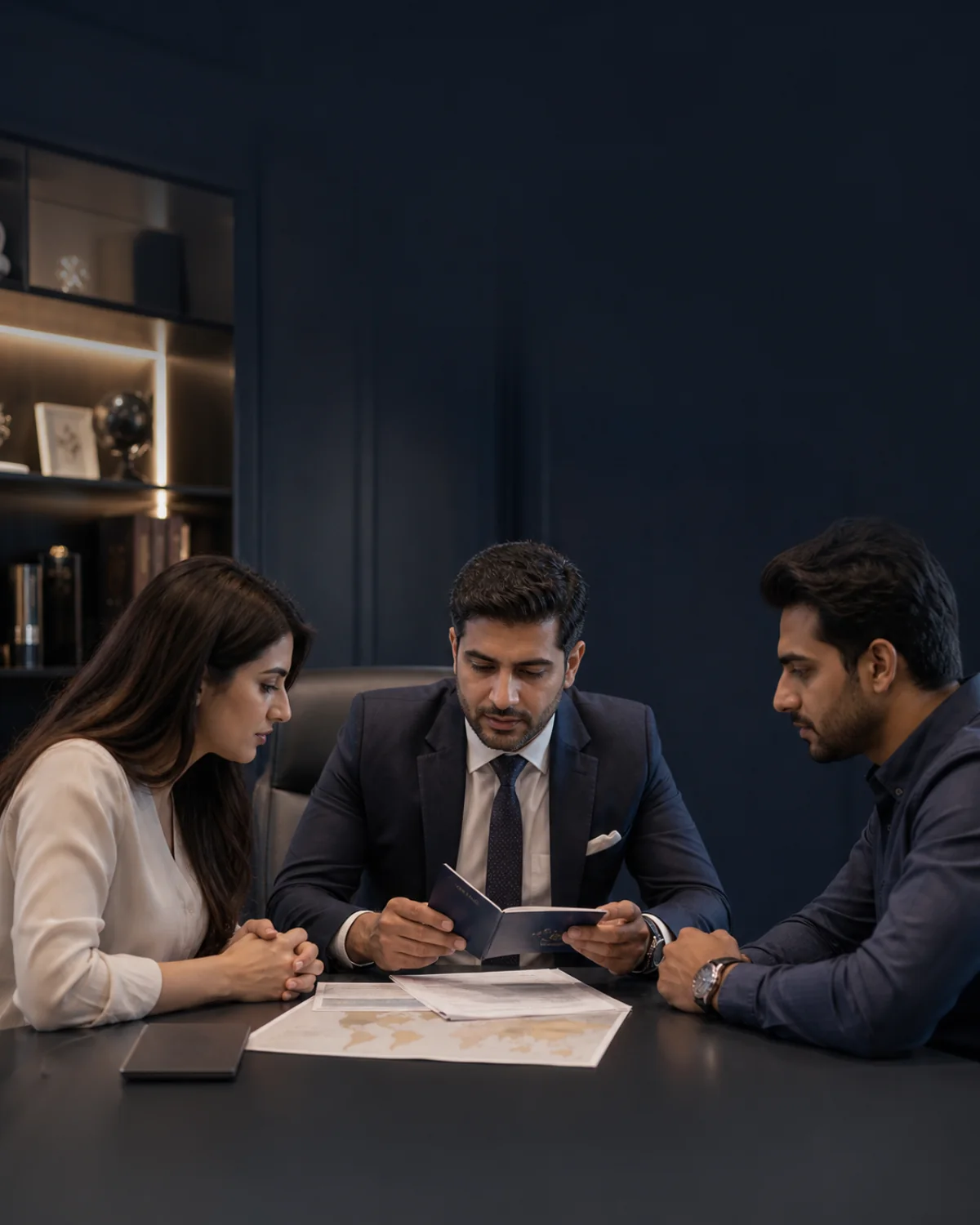 Immigration adviser reviewing passport and application evidence with clients