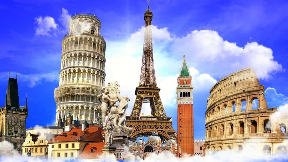 International landmarks representing global travel